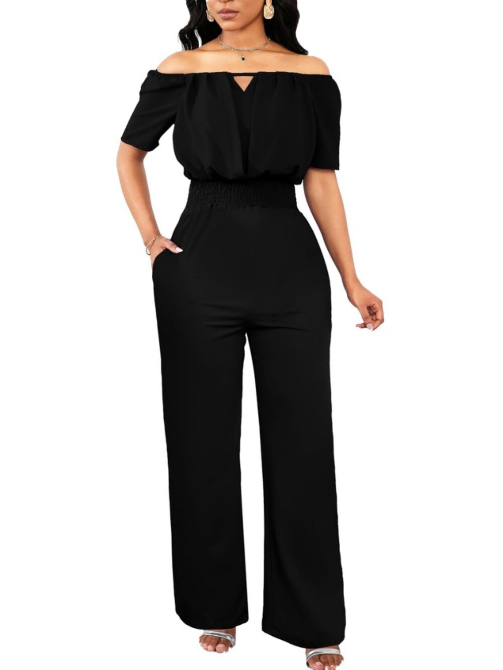 Off the Shoulder Jumpsuits for Women Dressy Long Pants with Pockets